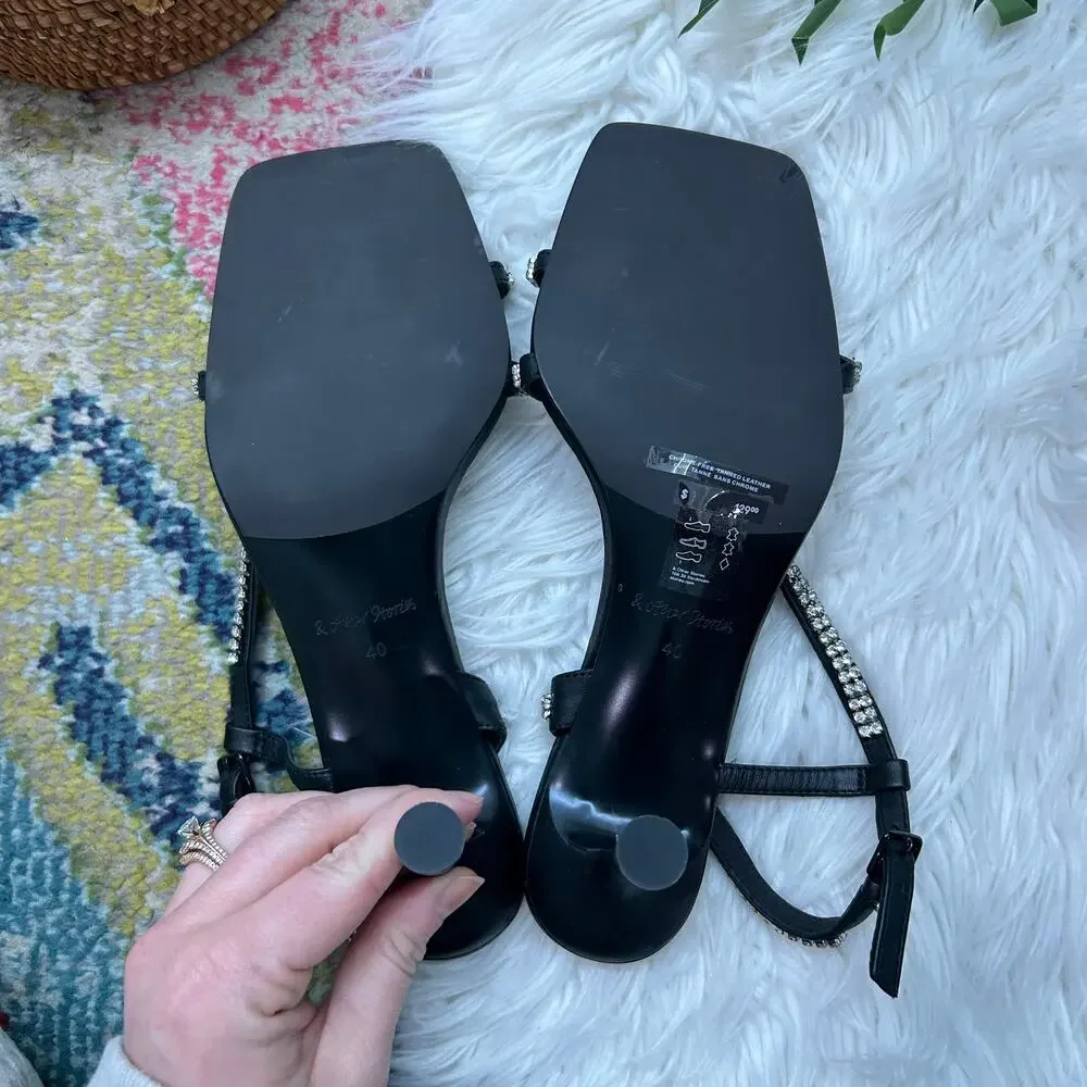 & Other Stories Strappy Heel Heeled Sandal 40 / 9 Black Rhinestone Square Toe
